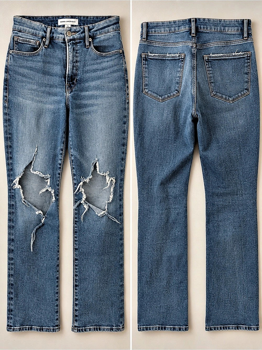 Good American Good Legs Distressed Straight Leg Jeans in Blue Waist 29 Size 8